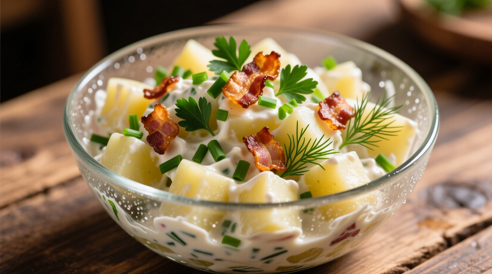 Creamy potato salad with crispy bacon and fresh herbs in glass bowl