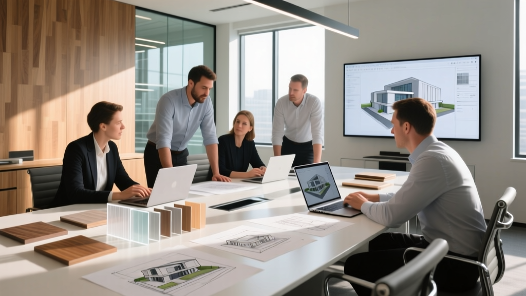 Architects reviewing digital BIM models and material samples on a table to optimize the cost to build an office building.