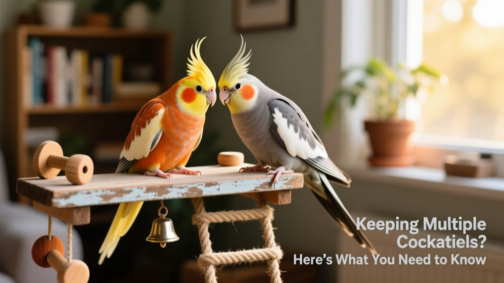 Two cockatiels perched side by side on a shared play stand, calmly preening