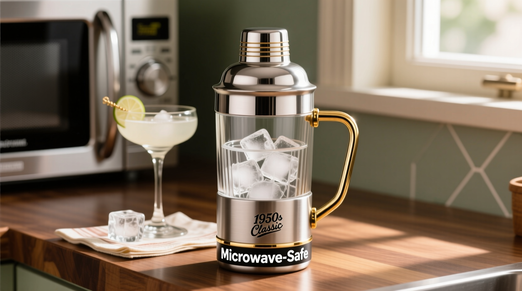 are vintage-style cocktail shakers with glass inserts microwave-safe for quick chilling