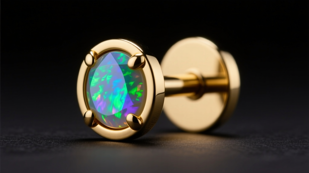 Macro shot of 14k gold threadless labret post with opal, showing smooth flat back and push-pin mechanism under bright studio light
