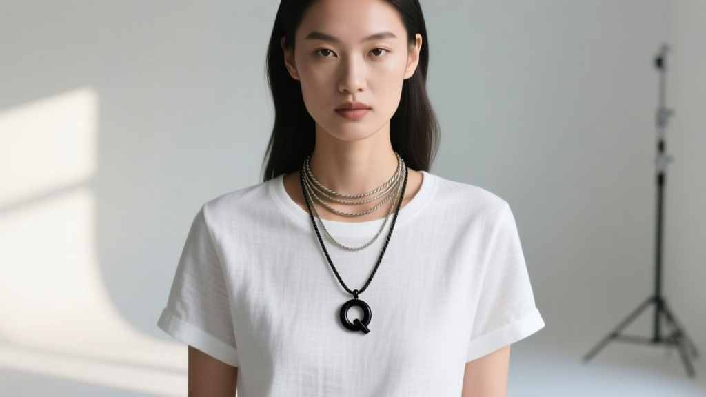 A model wearing a layered necklace stack featuring a matte black Qlink pendant on a 20-inch rope chain over a white linen tee.