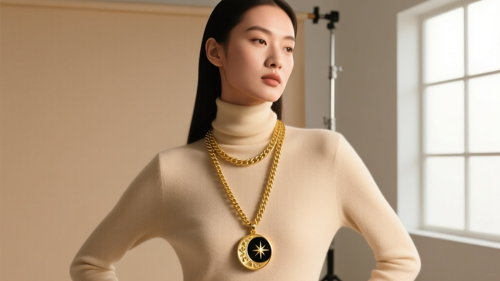 Model wearing a 16-inch gold cable chain and 18-inch moon phase gold pendant against a beige turtleneck, soft studio lighting