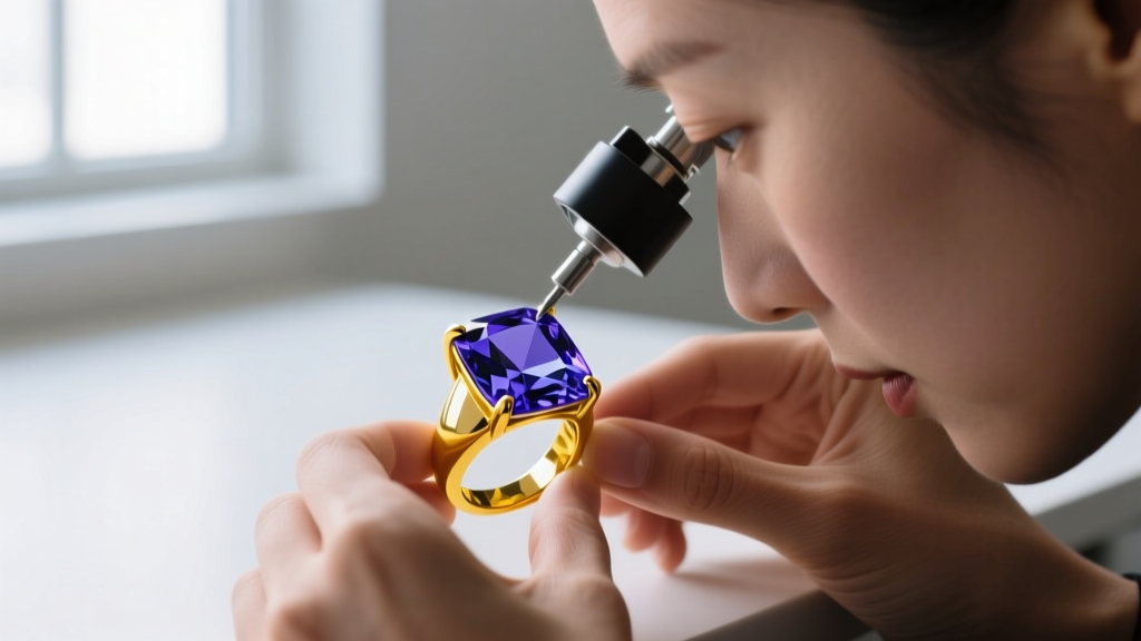 Jeweler using a loupe to inspect a cushion tanzanite girdle before setting it into a protective yellow gold bezel ring mounting