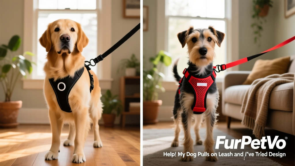 Side-by-side comparison of a standard back-clip harness versus a FurPetVo front-clip no-pull harness