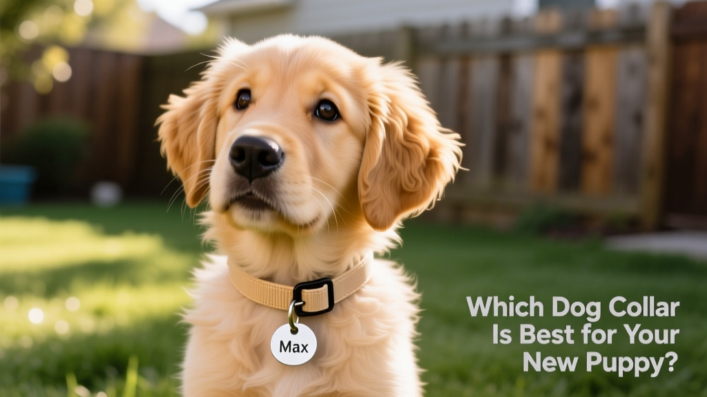 Close-up of a playful golden retriever puppy wearing a soft, adjustable nylon collar with an ID tag