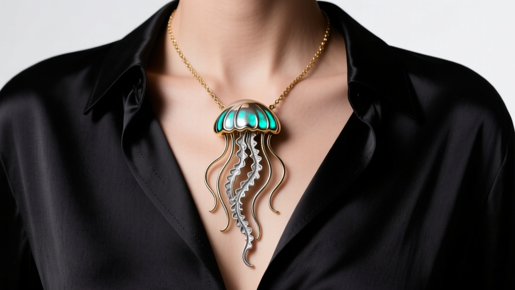 Uno de 50 jellyfish necklace with silver-plated brass and black leather cord draped over dark silk blouse, soft studio lighting