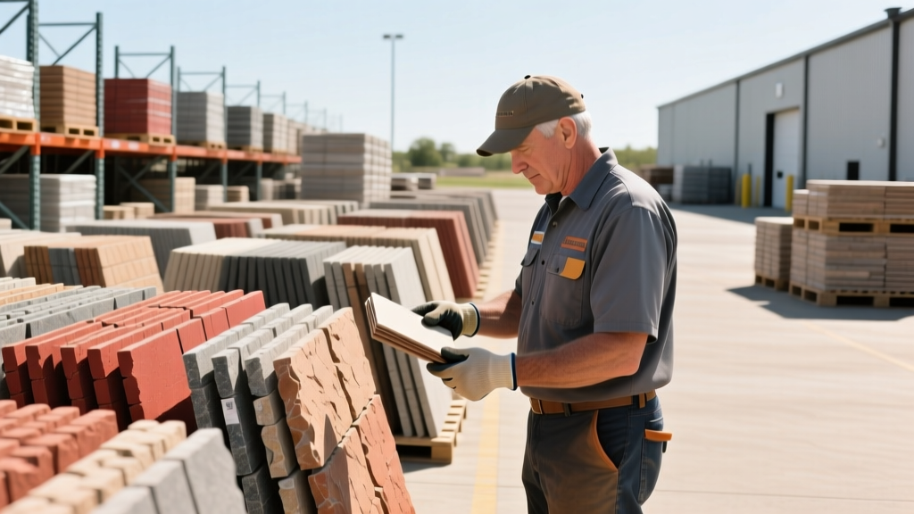 Contractor examining samples of manufactured stone veneer and thin brick at a well-stocked masonry supply yard in Oklahoma City on a bright day