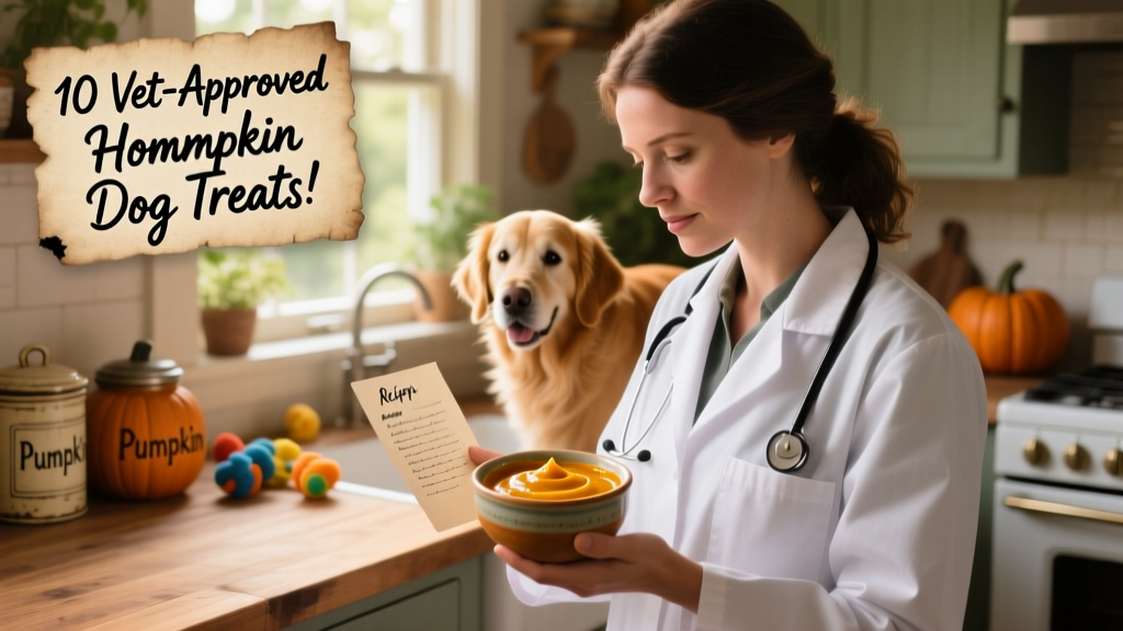 A veterinarian reviewing a recipe card while holding a small bowl of pumpkin puree