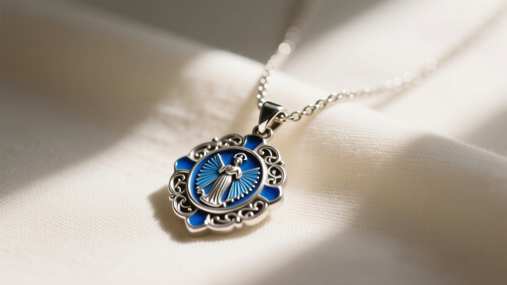 Sterling silver blue miraculous medal necklace on cream linen, warm window light, close-up macro shot of the blue enamel details