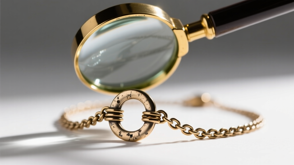 A magnifying glass inspecting the spring ring clasp and chain links of a vintage Givenchy necklace to check for plating wear