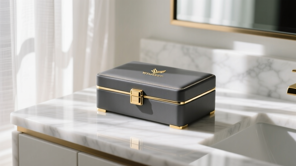 A charcoal grey Wolf Windsor jewelry box with gold hardware on a white marble vanity, illuminated by soft morning window light.