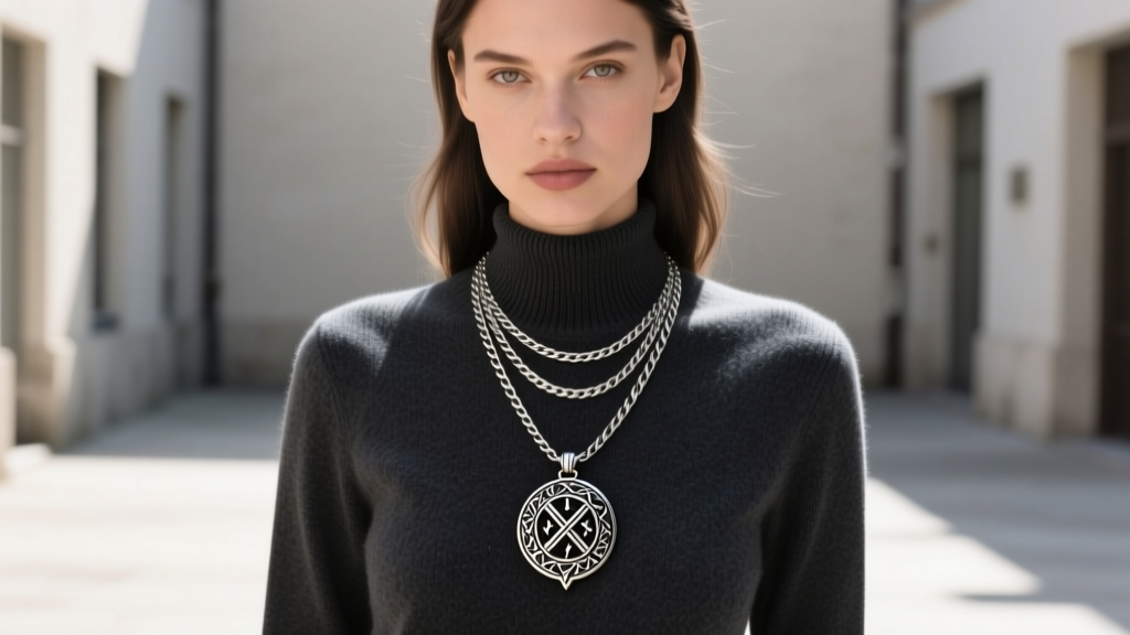 Fashion model wearing a layered silver wheat chain and a large Norse pendant over a dark charcoal crewneck sweater in daylight