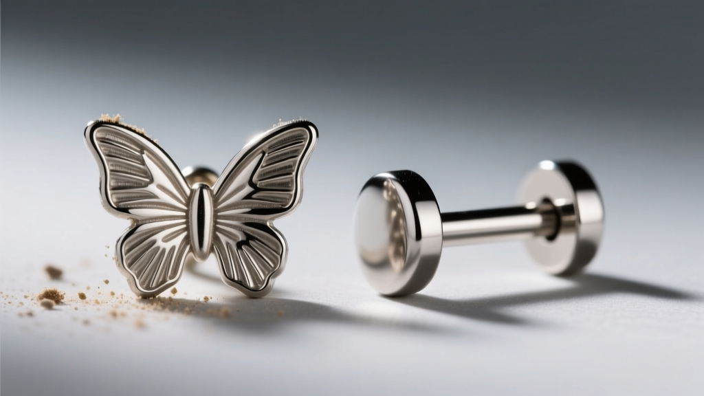 Macro photo comparing a standard butterfly earring backing trapping debris against a smooth flat-back titanium labret post.