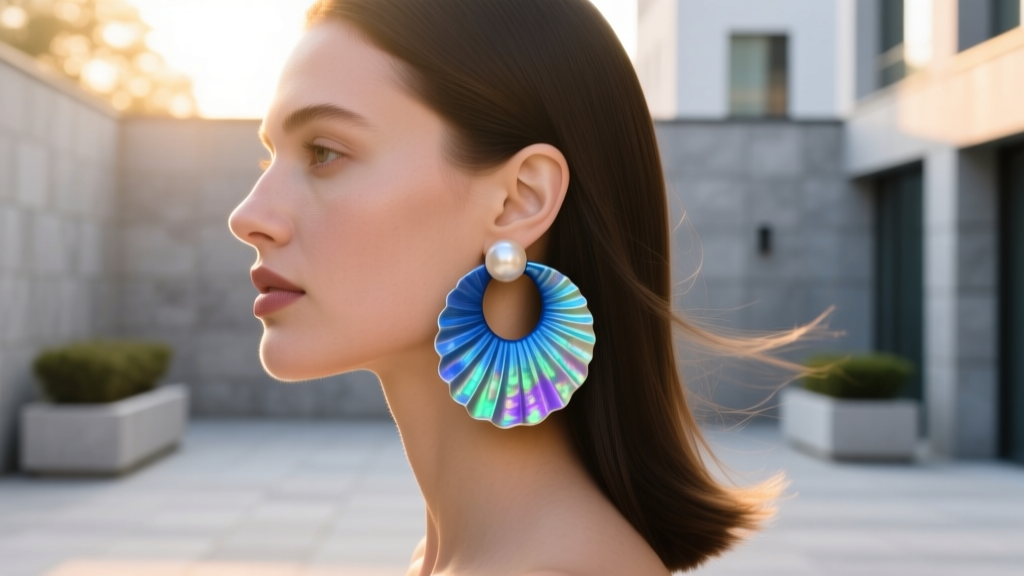 Side profile of a woman wearing large blue shell hoop earrings, the iridescent nacre catching warm golden hour sunlight outdoors.