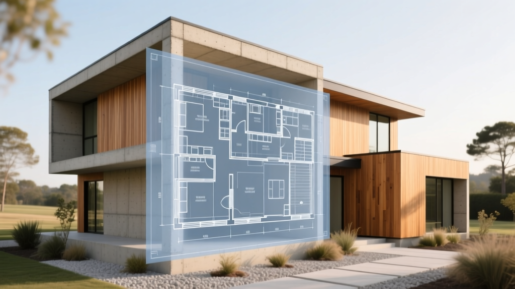 Architectural blueprint overlaying a finished insulated concrete form home exterior with exposed structural details and modern wood siding