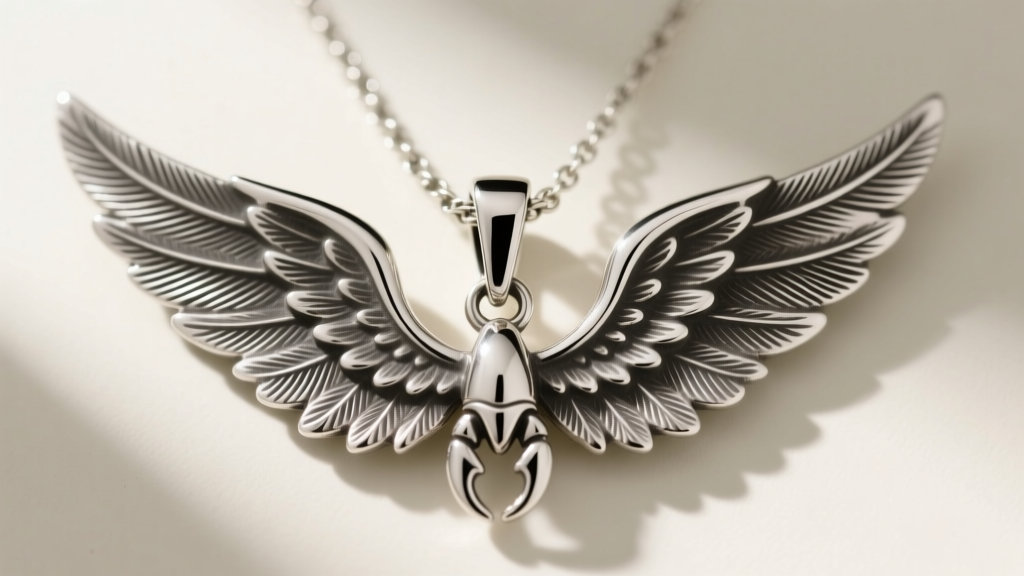 Macro shot of a sterling silver angel wing necklace, highlighting a secure lobster clasp and oxidized feather textures on the pendant.