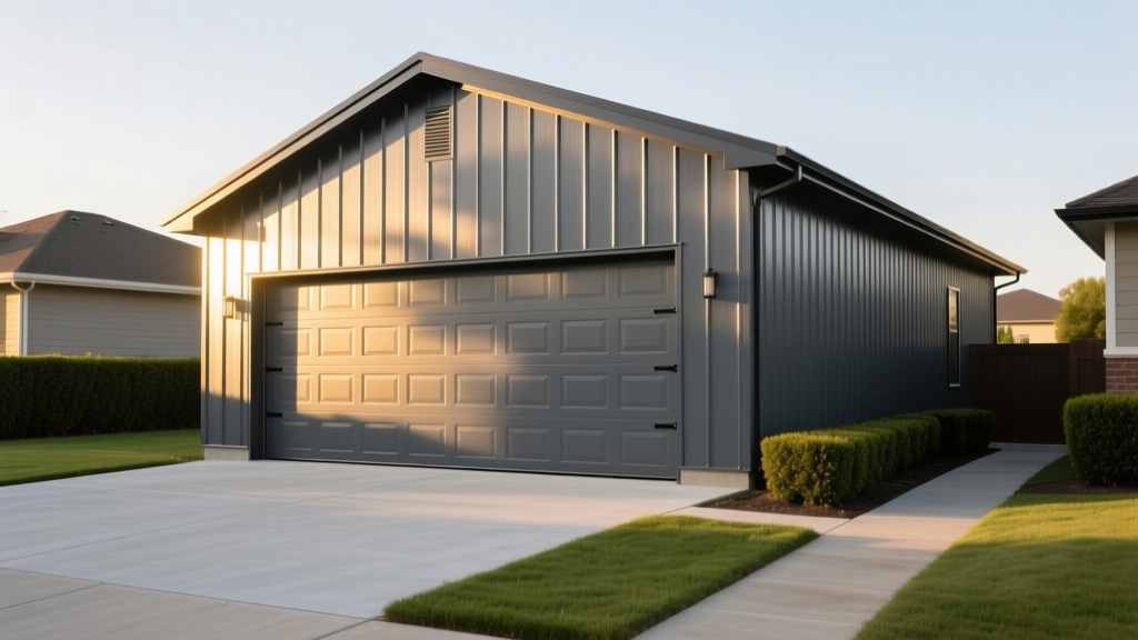 Newly constructed 30x40 steel garage with vertical roof and roll-up doors on a poured concrete slab in a suburban driveway
