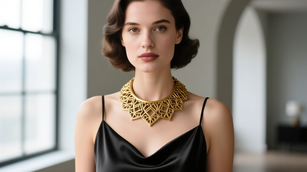 Close-up of a woman wearing a chunky 1950s gold-tone collar necklace over a modern minimalist black silk slip dress in daylight.