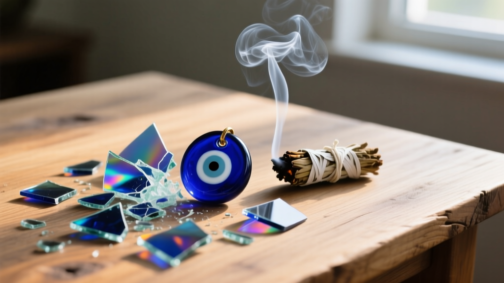 Shattered blue glass evil eye amulet on a wooden table beside smoldering white sage, symbolizing the release of negative energy