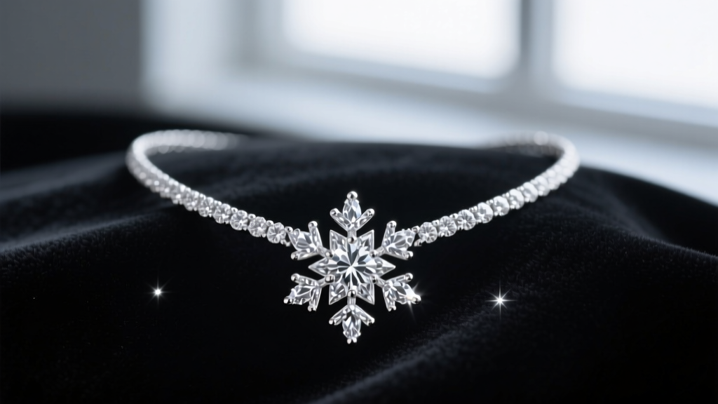 Close-up of a platinum snowflake diamond necklace on dark velvet, highlighting the intricate six-point symmetrical pave setting.
