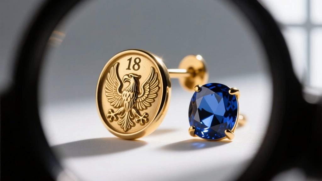 Macro view through a loupe showing a French eagle head hallmark on the 18k gold lever-back closure of an antique sapphire earring