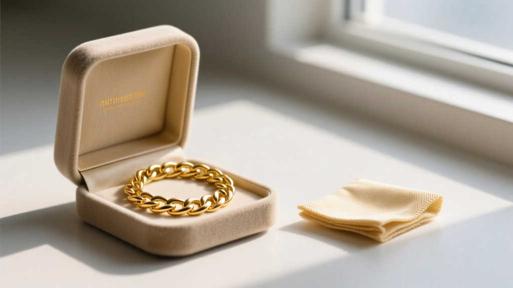 Coiled 14k yellow gold curb chain necklace stored inside an anti-tarnish suede pouch next to a small microfiber polishing cloth