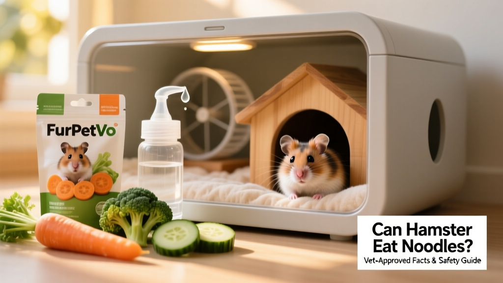 FurPetVo hamster food packaging next to fresh vegetables and a clean water bottle in a tidy hamster habitat