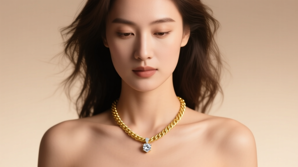 Woman wearing a 20-inch 14k gold rope chain with a diamond pendant resting on her collarbone under soft, warm studio lighting.