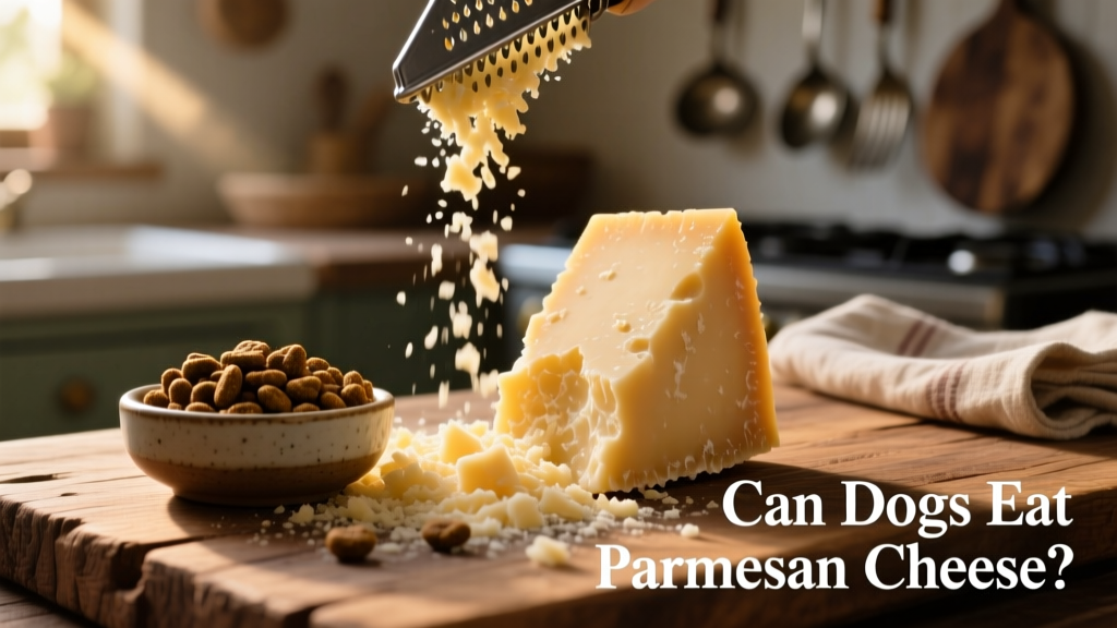 A close-up of freshly grated Parmesan cheese beside a small bowl of kibble