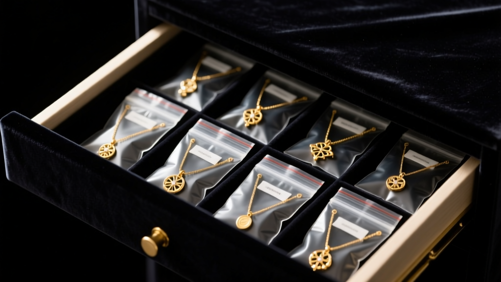 Gold filled charm necklaces sealed in small ziplock bags with anti-tarnish strips inside a dark velvet jewelry box drawer