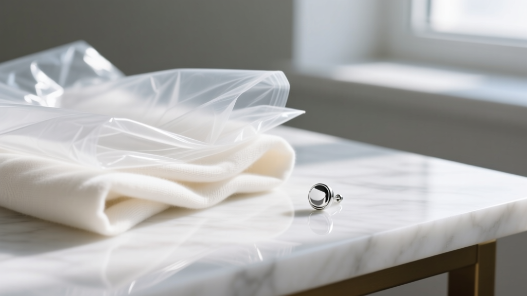 Close-up of polyethylene sheets and raw cotton fabric beside a silver stud earring on a bright white marble desk