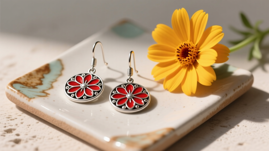 Vibrant flat lay of Taxco silver dangle earrings with red enamel floral motifs on a painted ceramic tile beside a bright marigold.