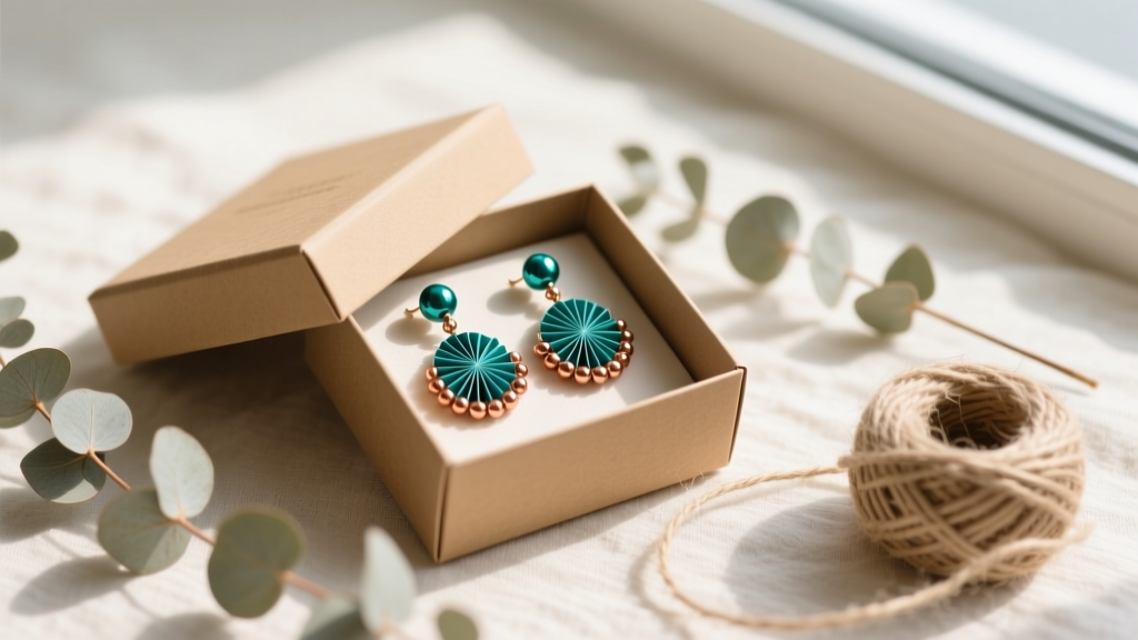 Kraft gift box revealing teal and copper paper bead earrings, surrounded by dried eucalyptus sprigs and natural jute twine on linen