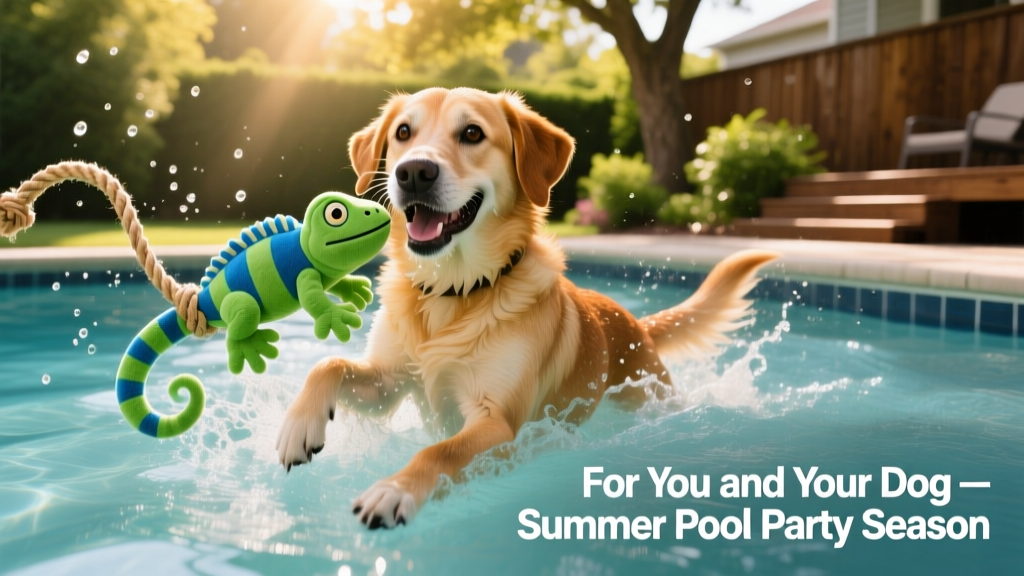 A medium-sized dog holding a green-and-blue iguana-shaped plush toy with a knotted rope tail, mid-splash in shallow pool water