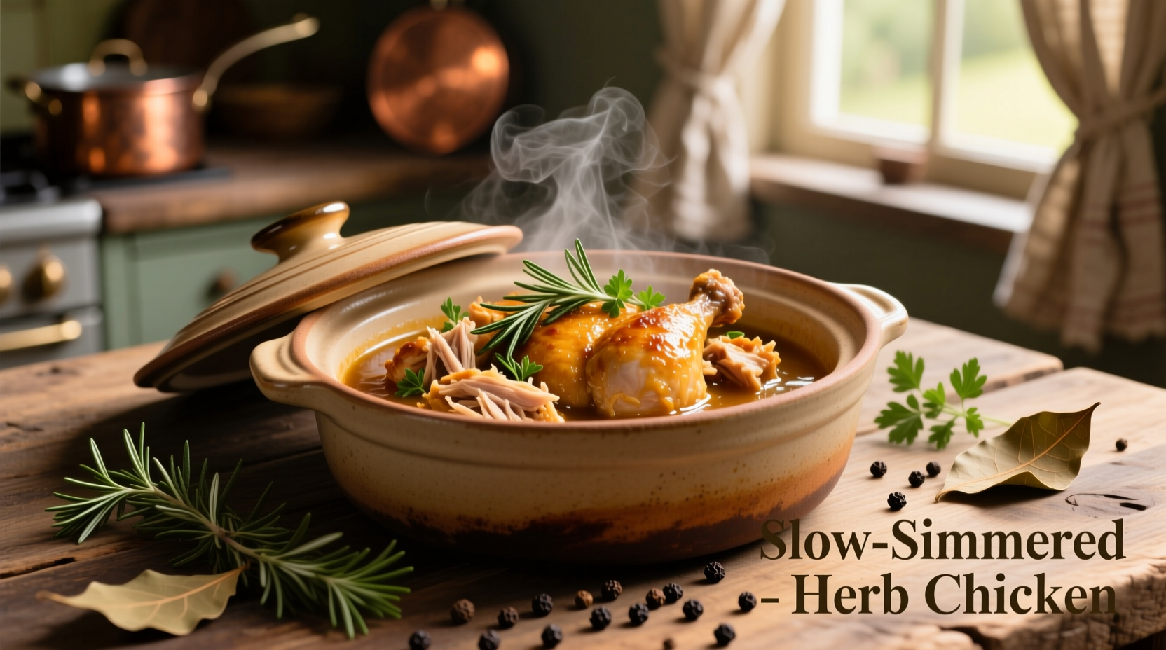 Tender shredded chicken in crockpot with herbs