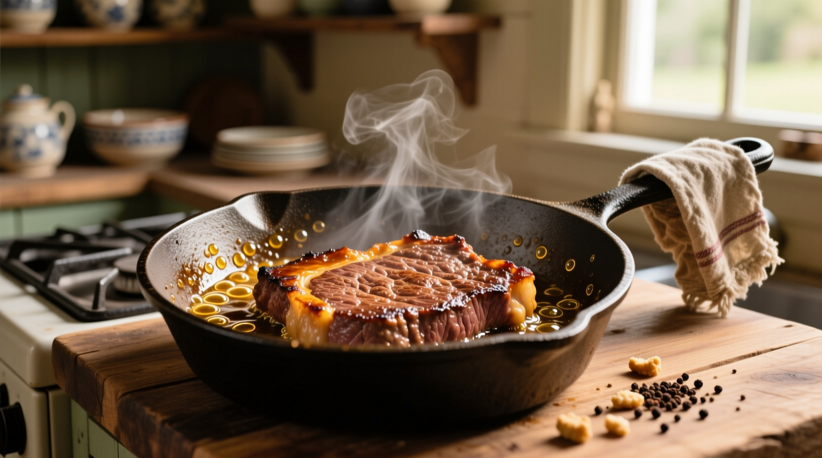 Sizzling ground beef cooking in cast iron skillet