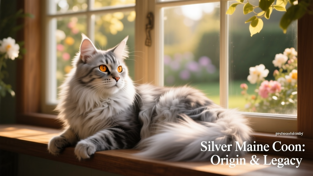 A serene adult Silver Maine Coon lounging on a sunlit windowsill, gazing peacefully outside