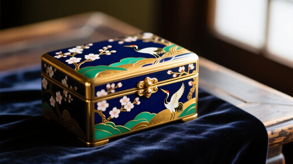A beautifully lit Meiji-era antique Japanese jewelry box featuring intricate gold maki-e lacquerwork, resting on dark silk cloth