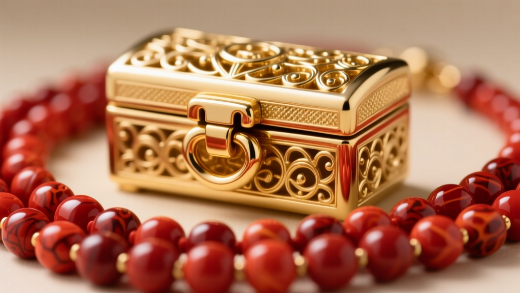 Close-up of an 18k gold tongue-in-groove box clasp with figure-eight safety catches on a heavy multi-strand red coral necklace