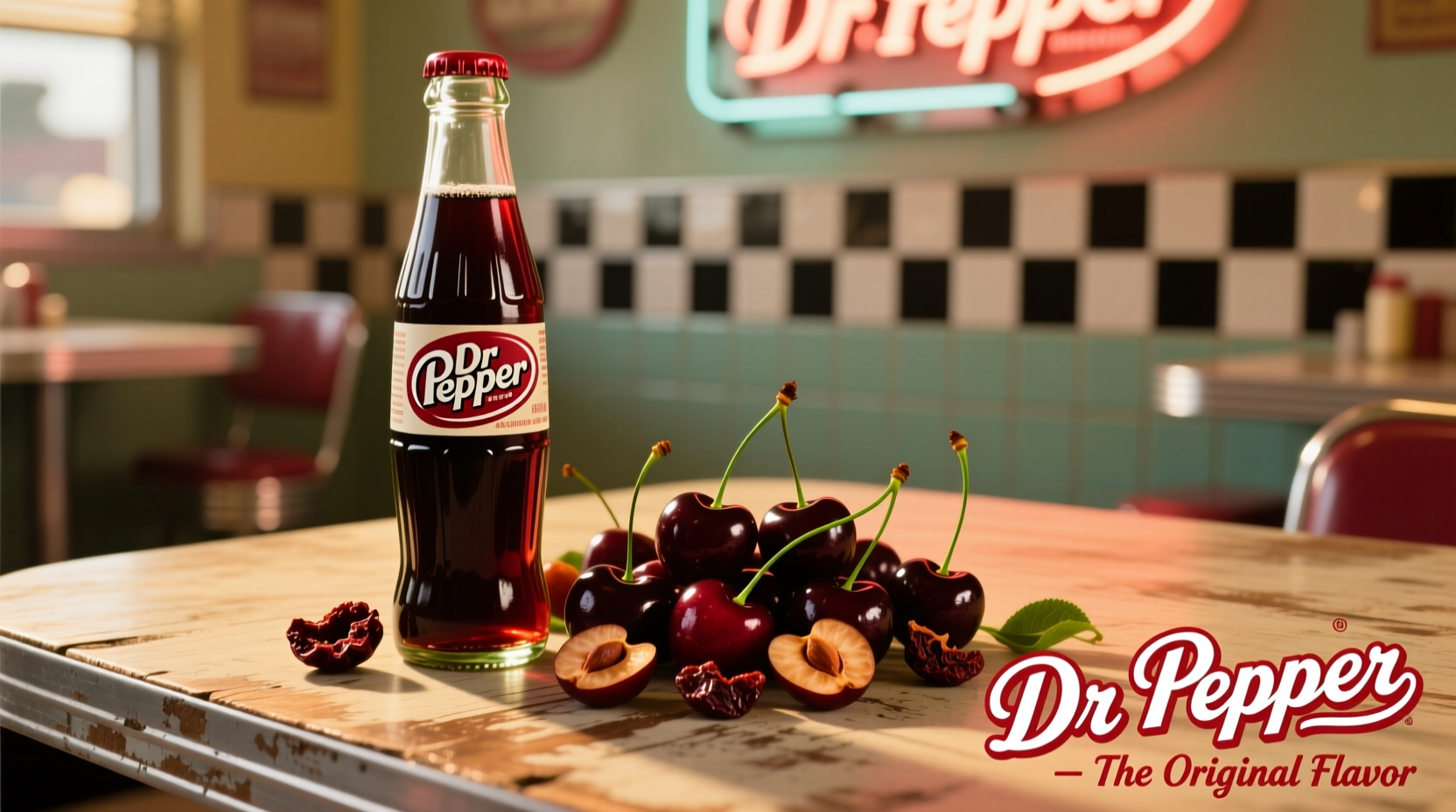 Dr Pepper bottle next to cherry ingredients