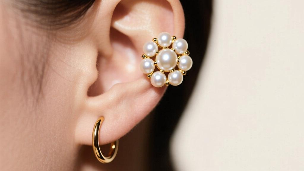 Macro shot of an ear curation showing an 18g pearl cluster stud in the upper lobe paired with a delicate gold huggie hoop below.
