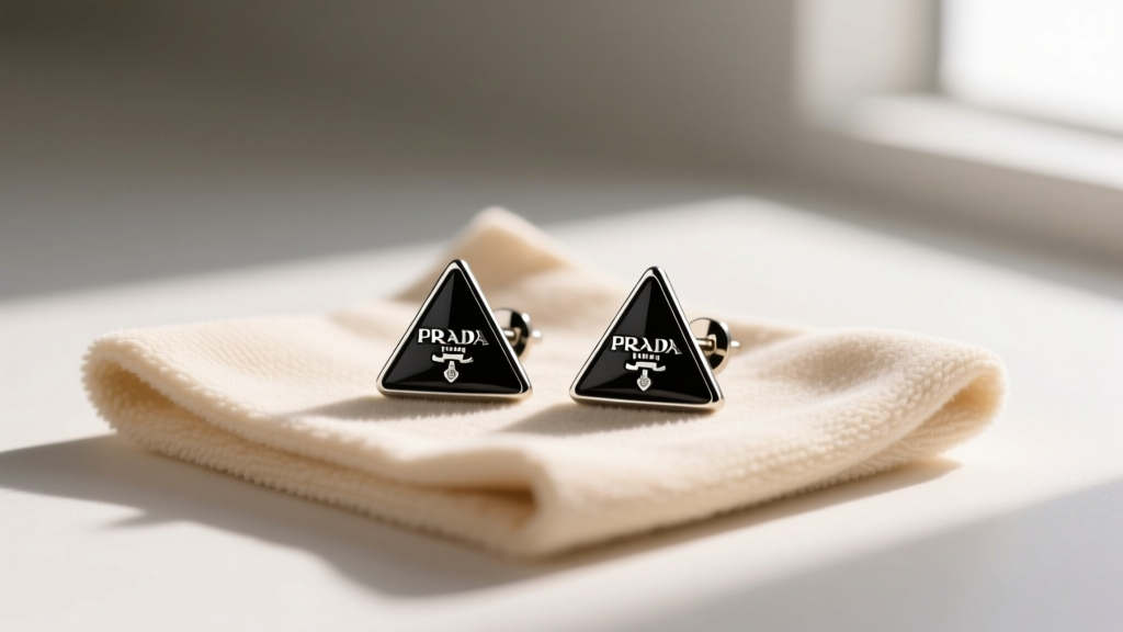 Black enameled Prada triangle logo stud earrings resting on a beige microfiber cleaning cloth under soft, bright natural daylight.