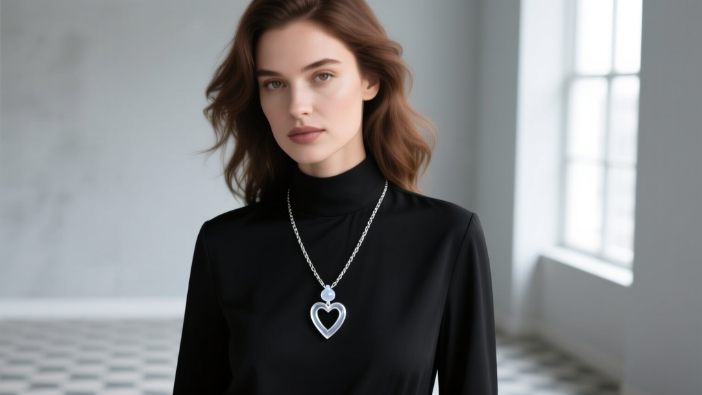 Woman wearing a silver heart lariat necklace with a clear silicone stopper over a black blouse, showing the secured Y-drop chain.
