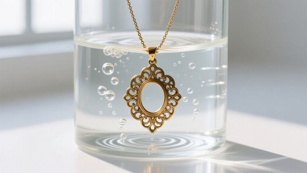 Worn brass fashion necklace pendant submerged in a gentle ultrasonic jewelry cleaner, with mild cavitation bubbles surrounding it.