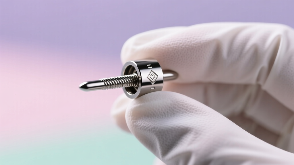 Close-up of a titanium flat-back labret post with internal threading, held by a gloved hand against a blurred pastel background.