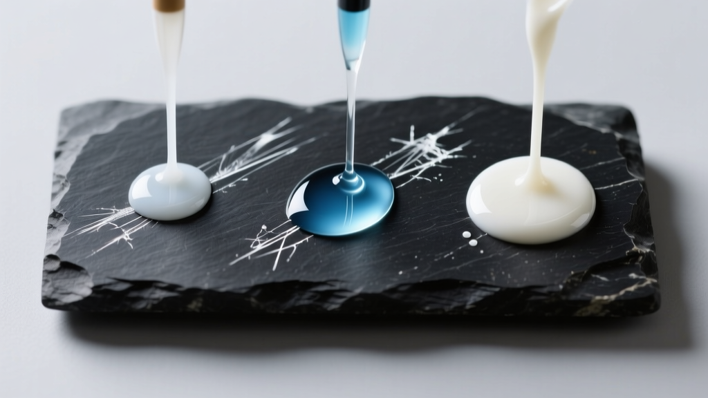A black stone testing streak plate showing three distinct scratch marks with drops of clear and milky testing acids reacting.