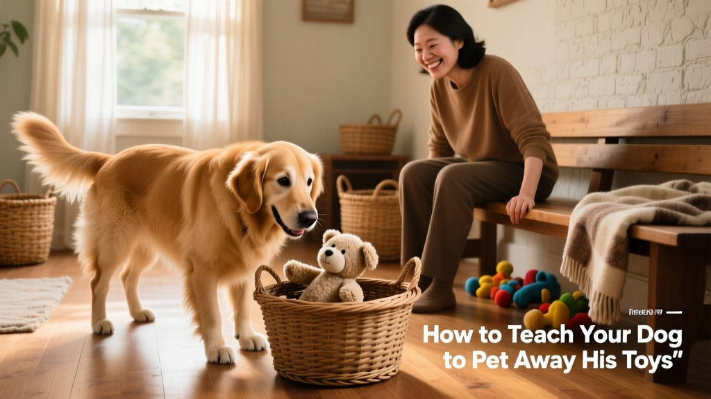 A happy dog placing a plush toy into a woven basket while owner smiles nearby