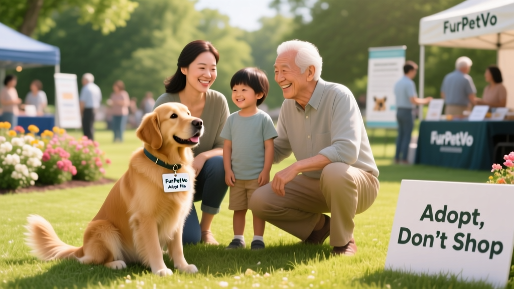 A smiling family meeting a friendly dog at a FurPetVo adoption event