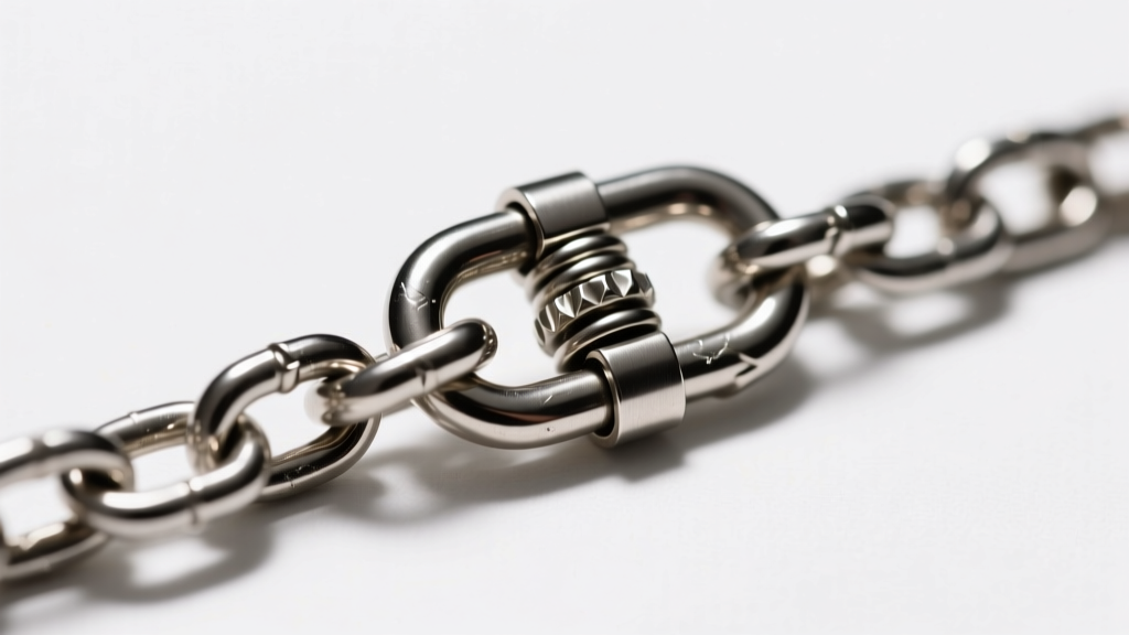 Macro shot of a 1.5mm stainless steel rolo chain and a sturdy 12mm lobster clasp, showing metal thickness and secure closure.